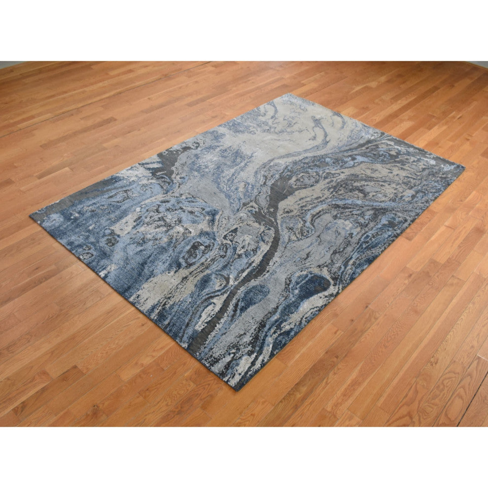 Blue, Geological Design, Wool and Pure Silk, Hand Knotted Rug, 6'x9'2"