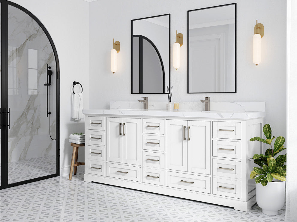 Boston 84 Double Sink Bath Vanity in White 2" Pearl Gray