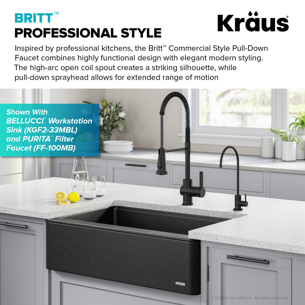Britt Commercial Style 3-Function Pull-Down 1-Handle 1-Hole Kitchen Faucet, Matte Black (Model Kpf-1691sfs)