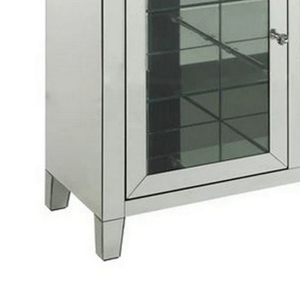Benzara BM251174 LED Wine Cabinet, Mirror Panel Framing/2 Glass Doors, Silver