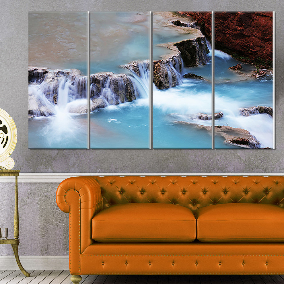 Beautiful Blue Water Cascade, Large Seashore Canvas Print, 48"x28", 4 Panels