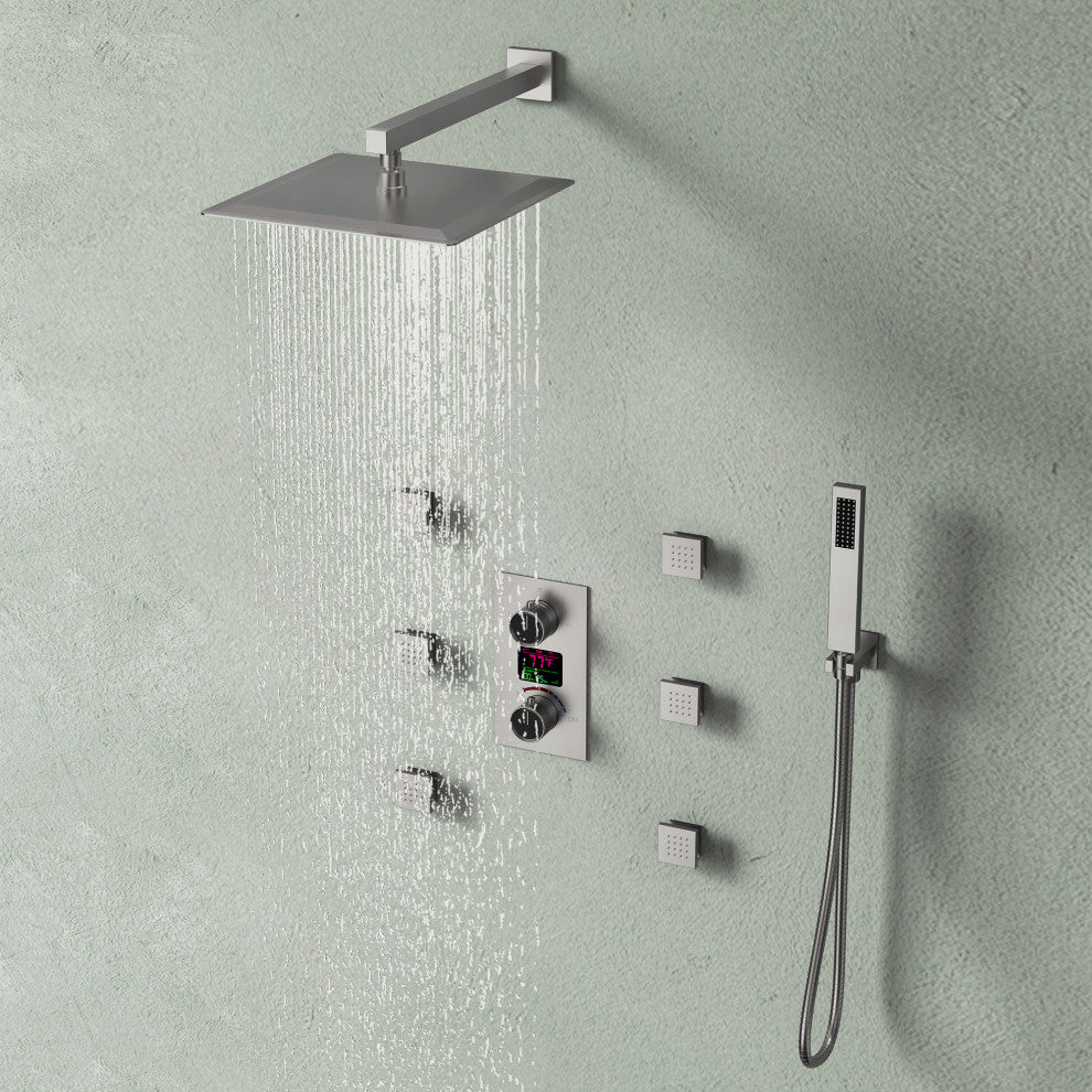 LED Temperature Digital Display Shower System With Body Jets, Brushed Nickel, 12 Inches