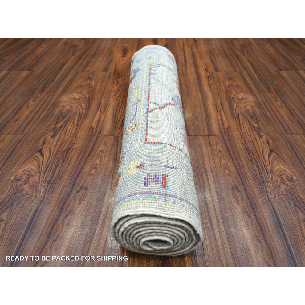 Silver Gray Pure Wool Hand Knotted Afghan Angora Ushak Runner Rug, 2'5"x9'8"