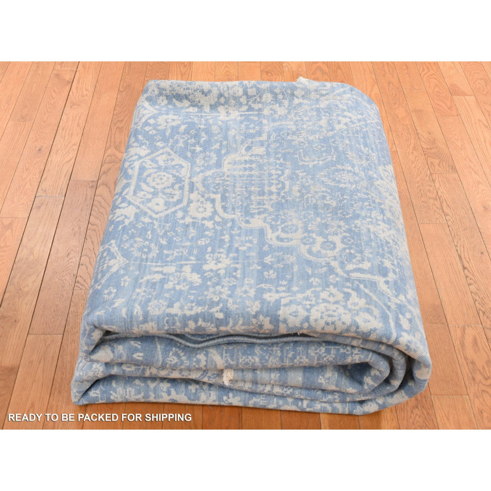 Steel Blue, Broken Persian Design, Wool and Silk, Hand Knotted Rug, 9'2"x12'1"