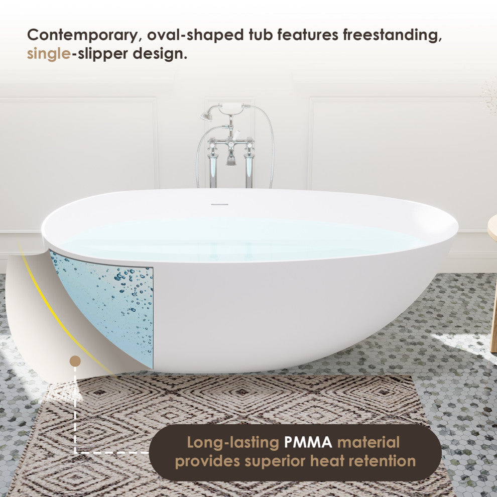 Giotto Flatbottom Freestanding Solid Surface Soaking Bathtub, Matte White, 67inch