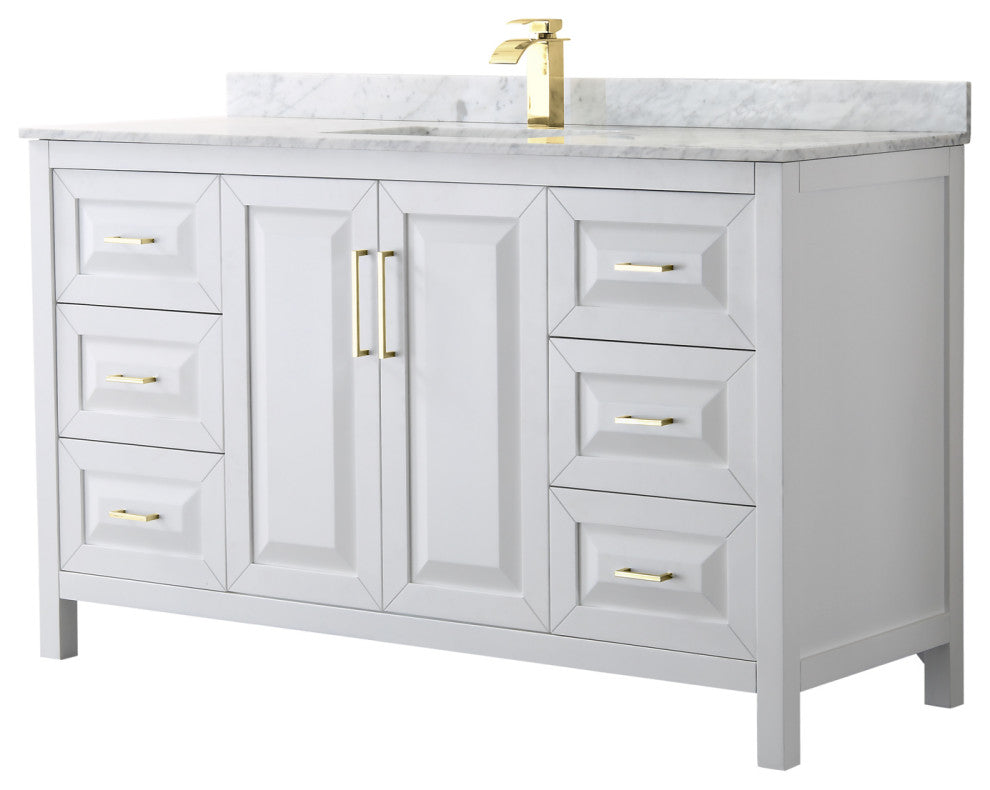 60" Single Bath Vanity, White, White Carrara Countertop, Sink, Gold Trim