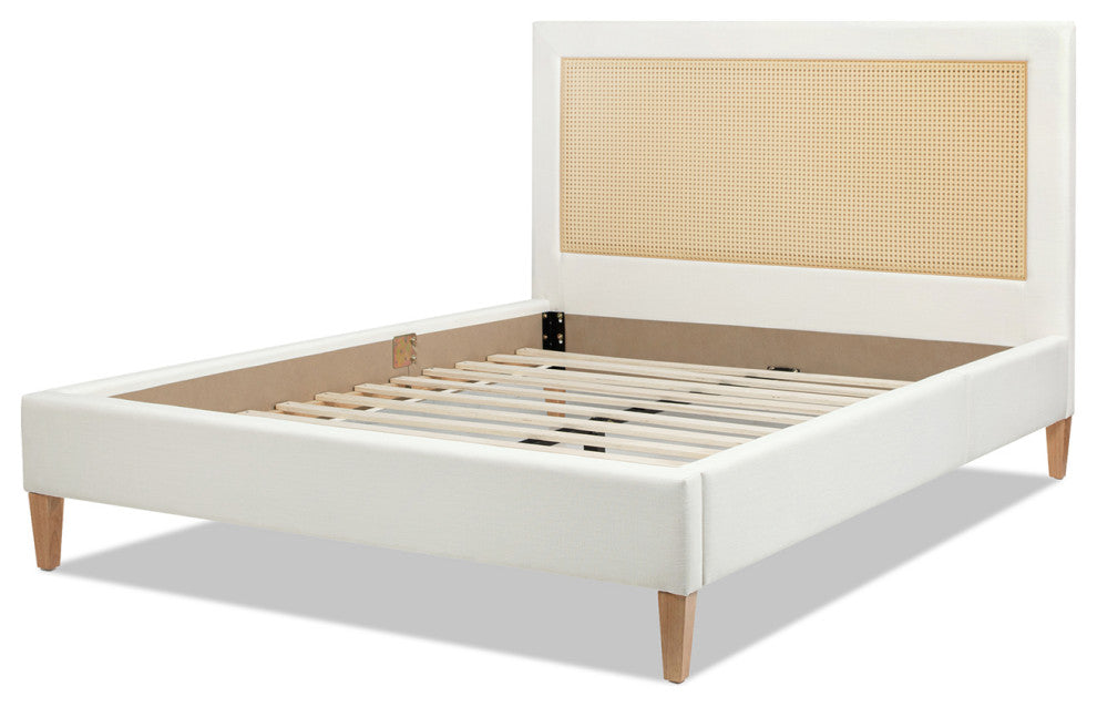 Haley Upholstered Cane-Back Platform Bed, Snow White Polyester, Queen