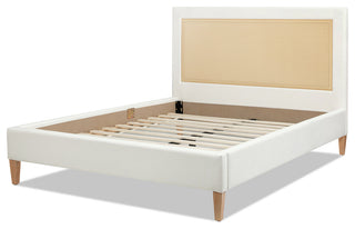 Haley Upholstered Cane-Back Platform Bed, Snow White Polyester, Queen