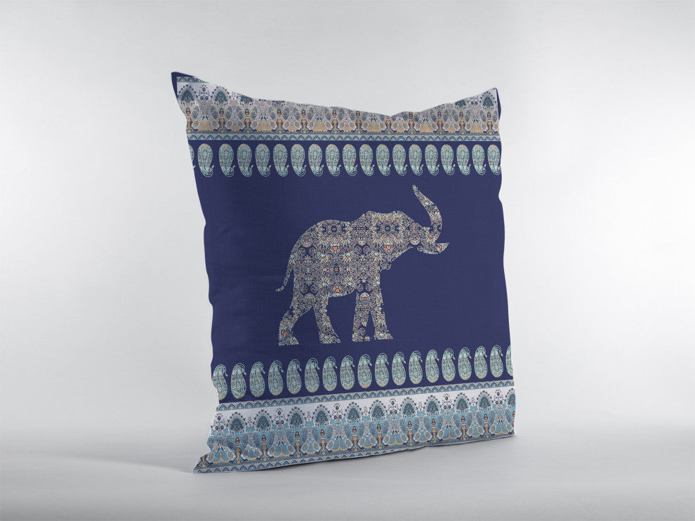 16" Navy Ornate Elephant Zippered Suede Throw Pillow