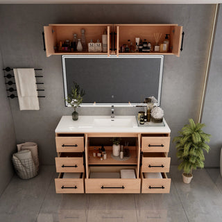 Victoria 60" Solid Wood Vanity Single Sink, Overhead Cabinet, Red Oak