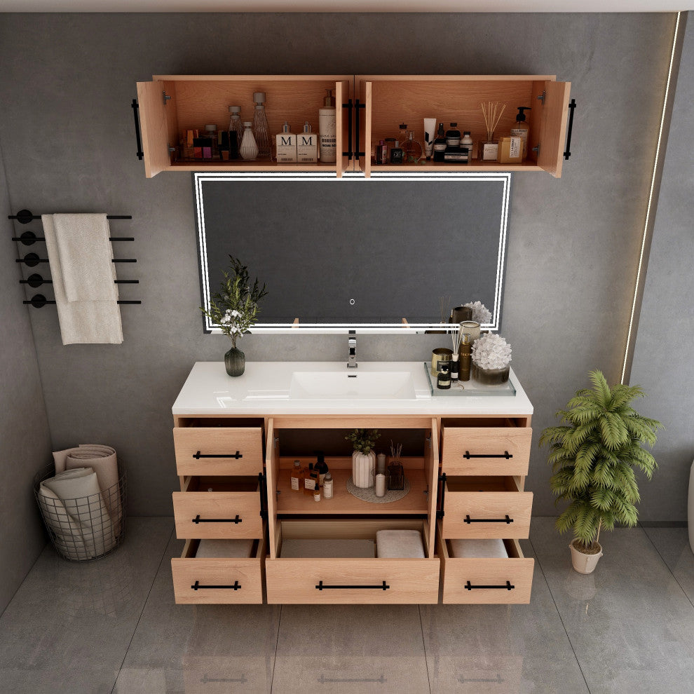 Victoria 60" Solid Wood Vanity Single Sink, Overhead Cabinet, Red Oak