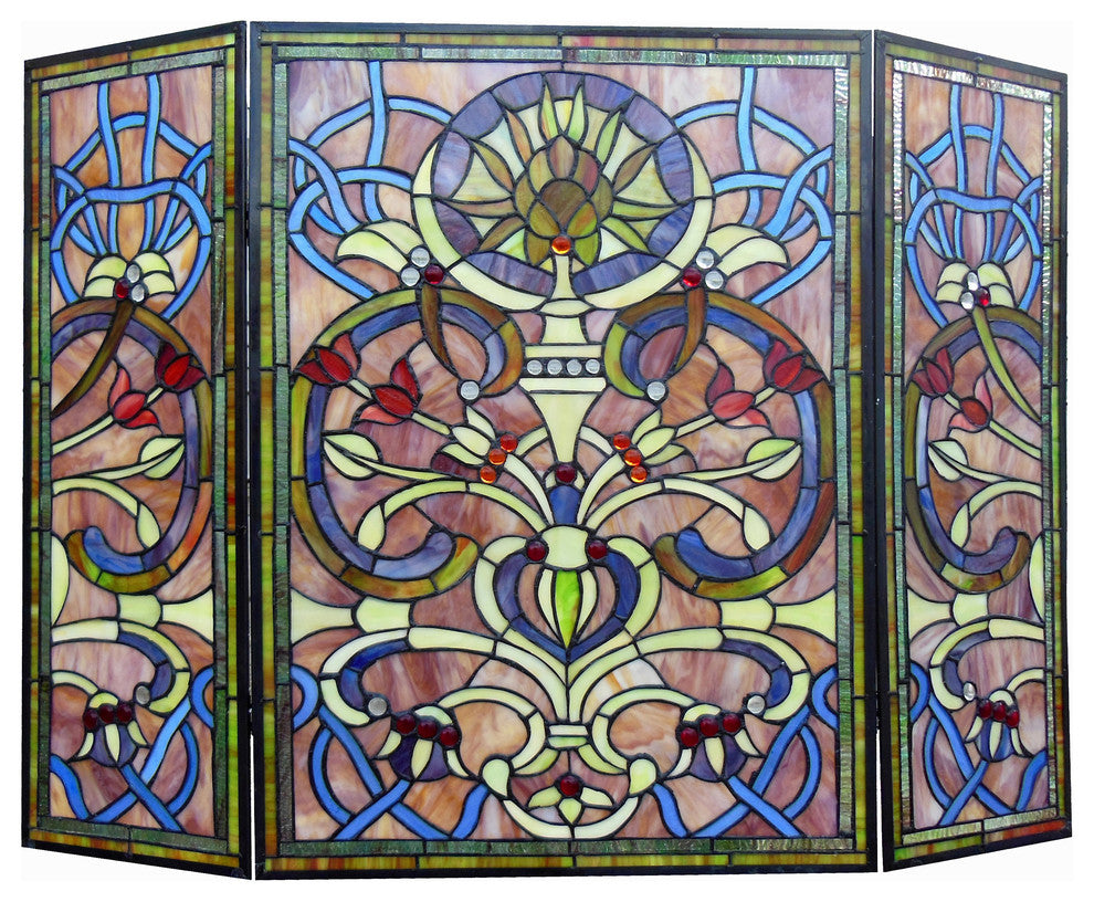 BARDOT, Tiffany-glass Victorian 3pcs Folding Fireplace Screen, 40" Wide