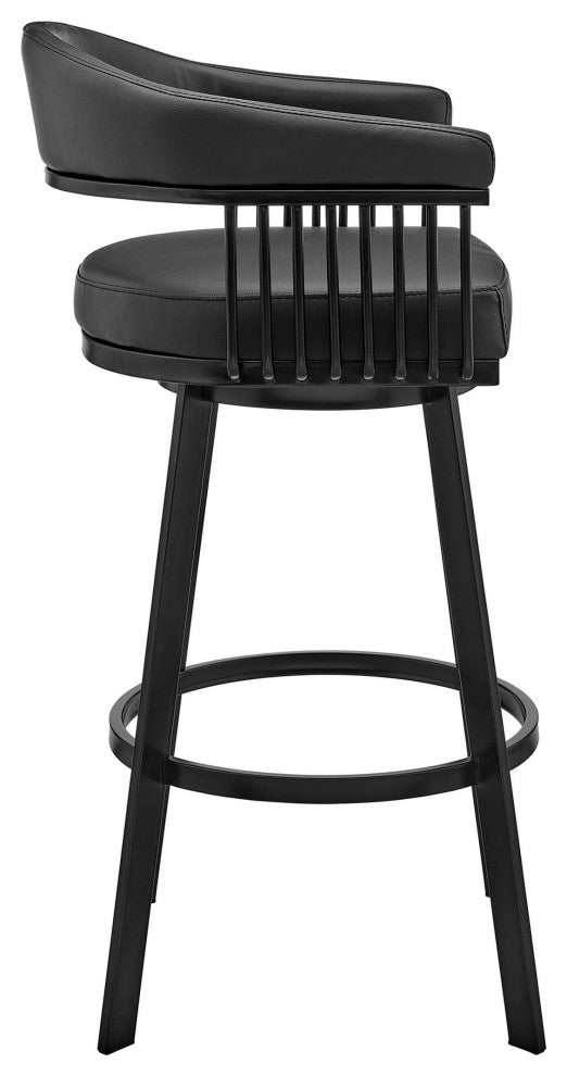 Benzara BM282070 Modern Bar Stool, Vegan Faux Leather, Slats, Swivel, Black