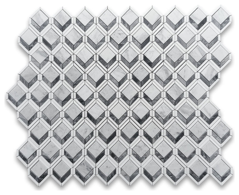Carrara White Marble Illusion 3D Square Geometry Mosaic Tile White, 1 sheet