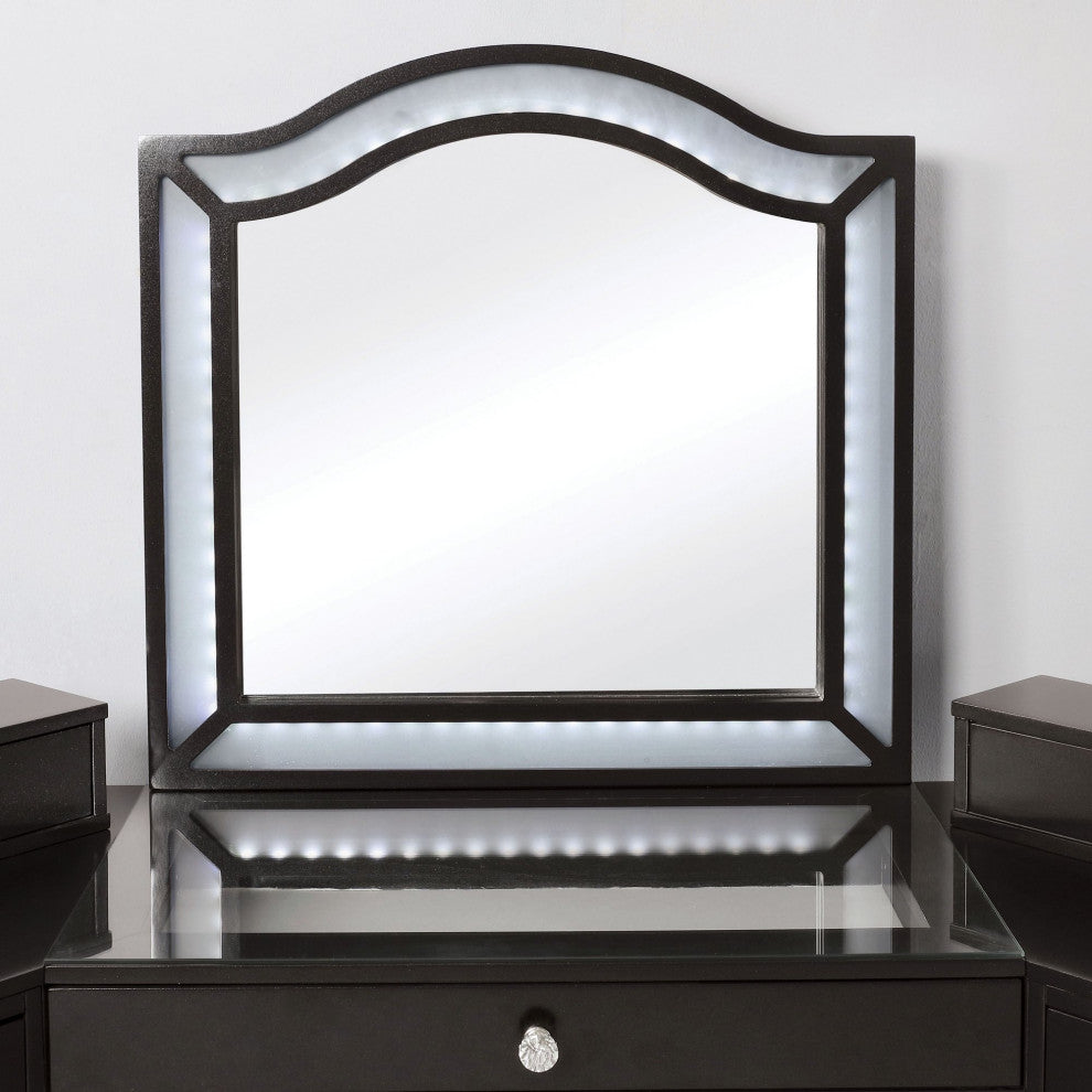 Transitional Vanity Set, Unique Mirrored Design With Camelback Mirror, Gray