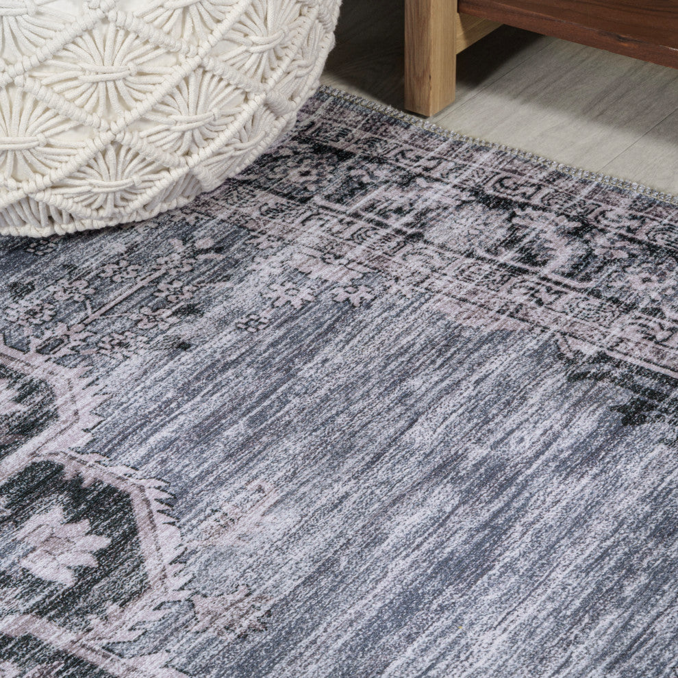 Wincer Chenille Cottage Medallion Washable Rug, Navy/Gray/Black, 5 X 8