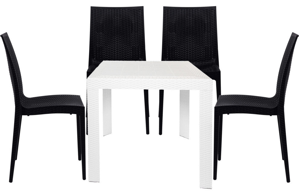 LeisureMod Mace Mid-Century 5-Piece Outdoor Patio Dining Set, White/Black
