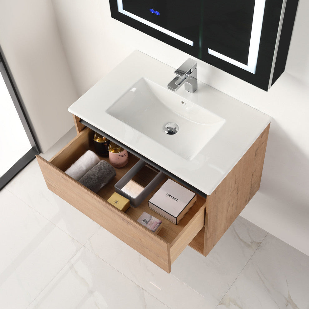 Wall Mounted Bathroom Vanity and Sink, Classic Oak, 30'' Ceramic