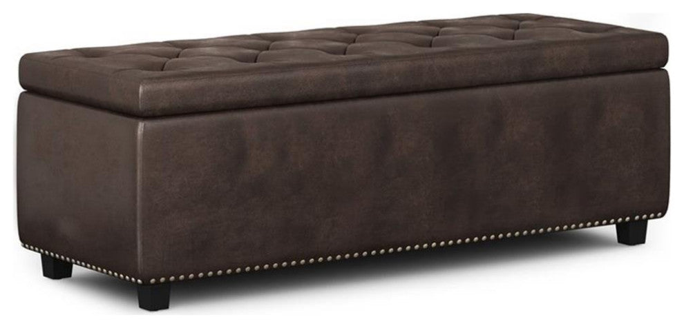 Hamilton 48 Inch Wide Rectangle Storage Ottoman In Distressed Brown Faux Leather