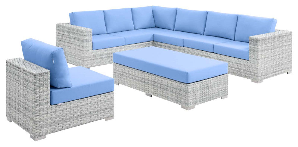 Lounge Sectional Sofa Chair Set, Rattan, Wicker, Gray Blue, Modern, Outdoor