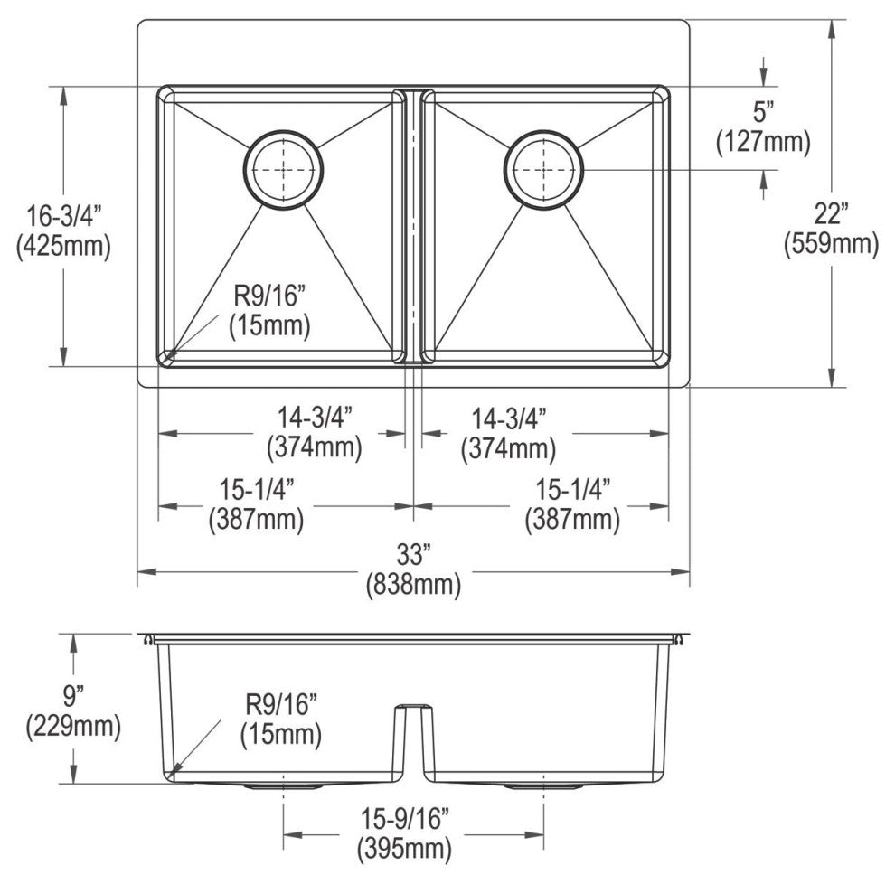 ECTSRA33229TBG1 Crosstown Stainless Steel 33" Sink Kit with Aqua Divide 1 Hole