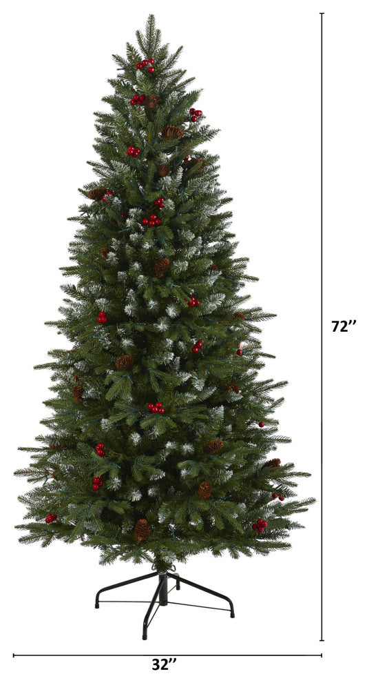 6' Snow Tipped Portland Spruce Faux Xmas Tree W/ Berries & Pinecones W/Lights