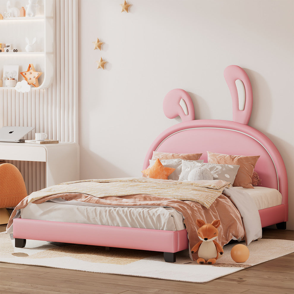 Gewnee Full Size Upholstered Leather Platform Bed with Rabbit Ornament