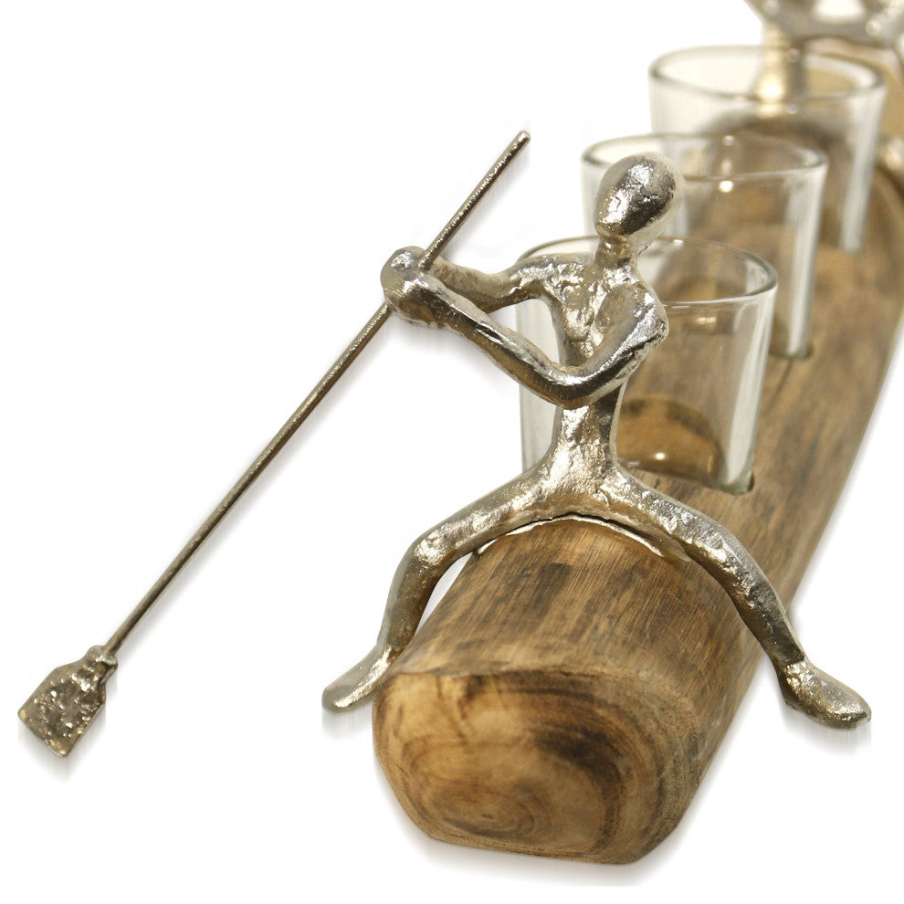 Tea Light Tandem, Carved Wood Canoe, Paddling Figurines, 3 Glass Candle Holders