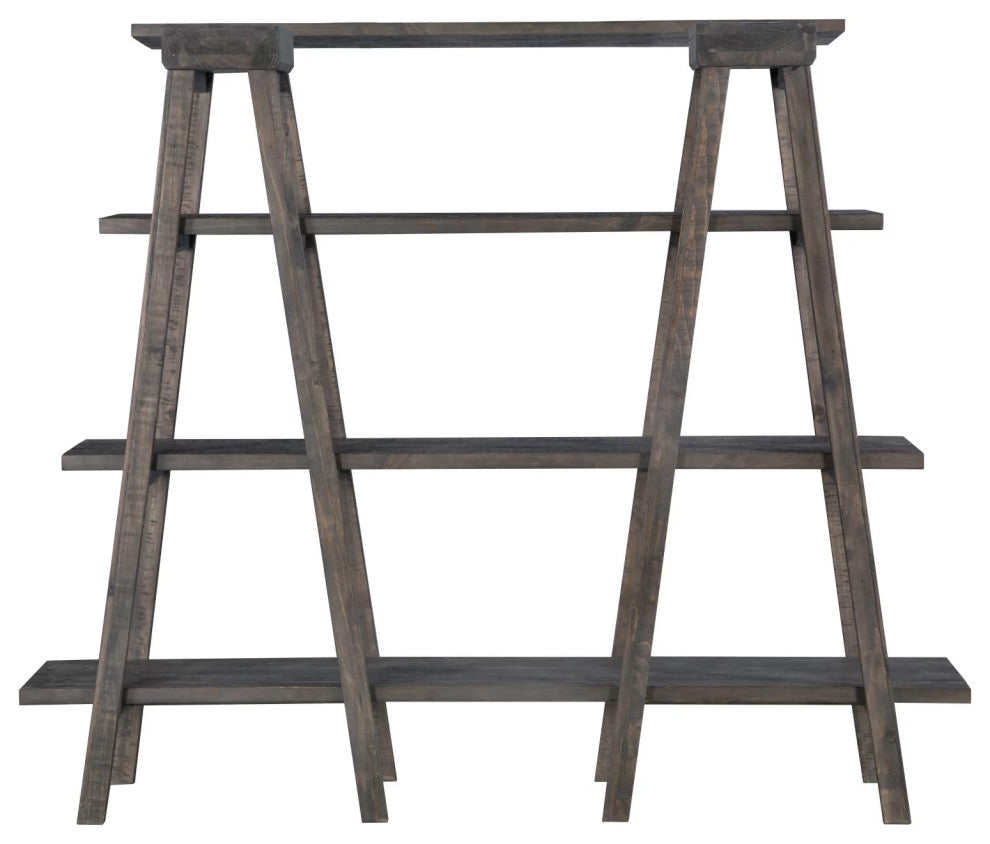 Rustic Bookcase, Ladder Sawhorse Design, 4 Removable Shelves, Weathered Charcoal
