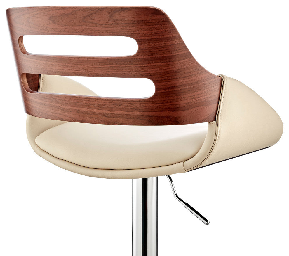 Karter Adjustable Faux Leather/Wood Barstool, Cream and Walnut With Chrome Base