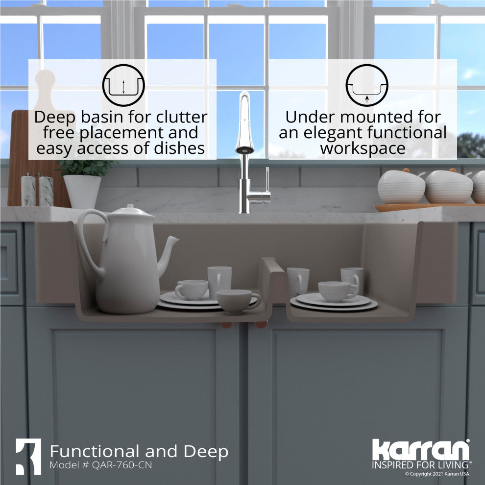 Karran Retrofit Farmhouse Quartz 34" Double Offset Bowl Sink Kit, Concrete