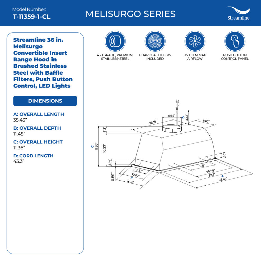 Streamline 36" Melisurgo Convertible Insert Range Hood, Stainless Steel