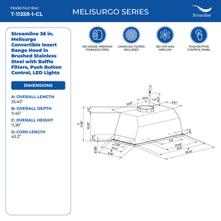 Streamline 36" Melisurgo Convertible Insert Range Hood, Stainless Steel