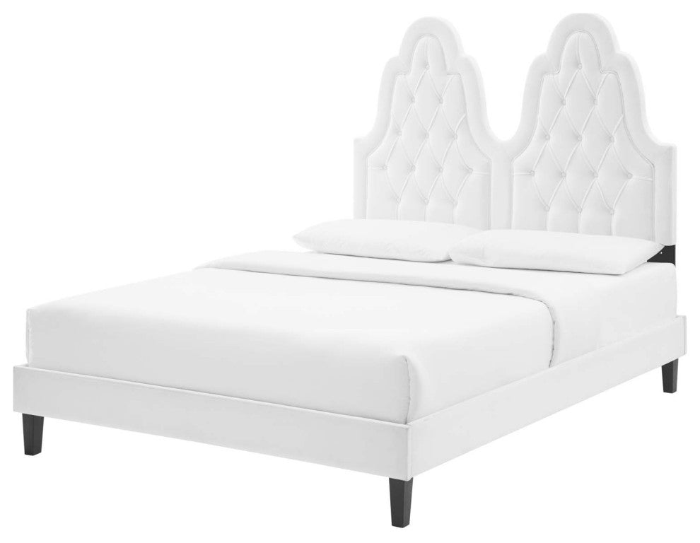 Tufted Platform Bed Frame, King Size, Velvet, White, Modern Contemporary