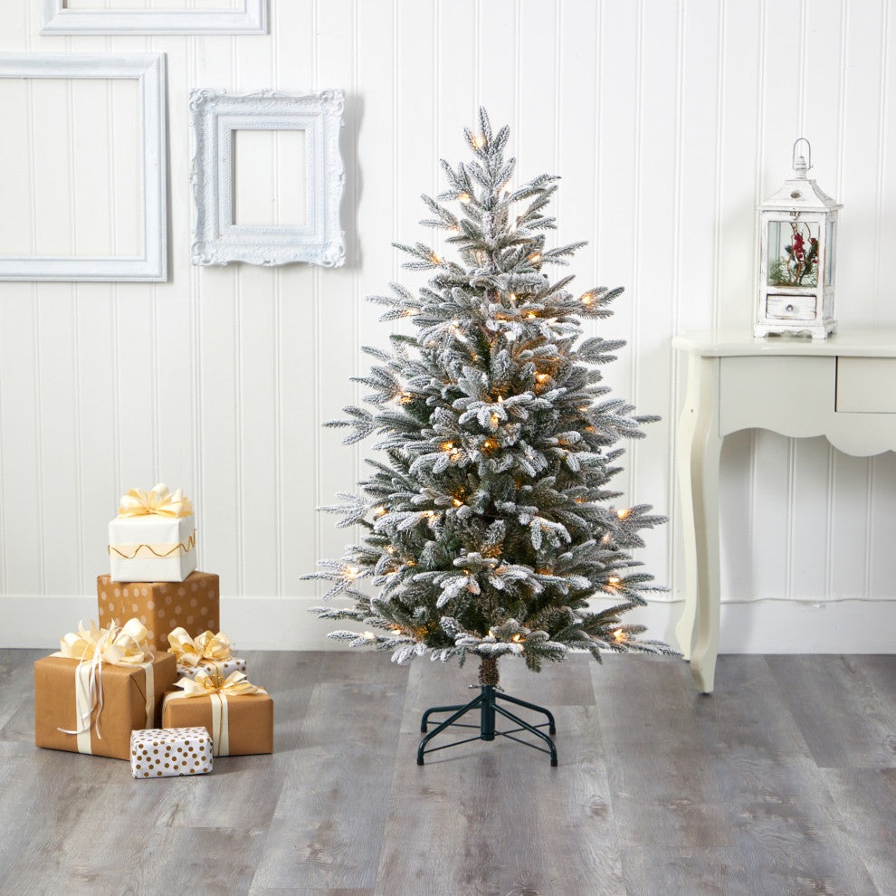 4.5' Flocked Manchester Spruce Faux Xmas Tree W/100 Lights & Bendable Branches