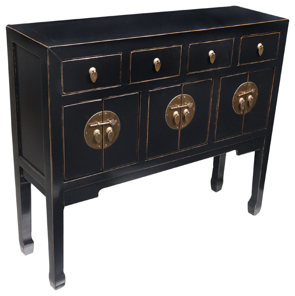 Chinese Console Lacquer Lady Chest, Black With Gold Highlight