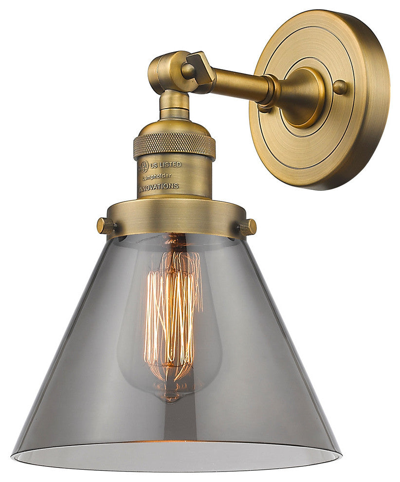 Large Cone 1-Light Sconce, Smoked Glass, Brushed Brass