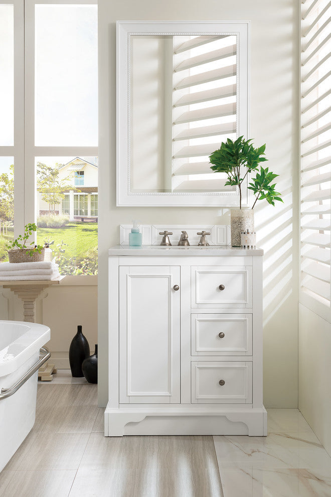 De Soto 30" Single Vanity, Bright White,  Carrara Marble Top