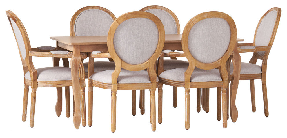 Comisky French Country Fabric Upholstered Wood Expandable 7-Piece Dining Set, Natural Brown/Light Gray