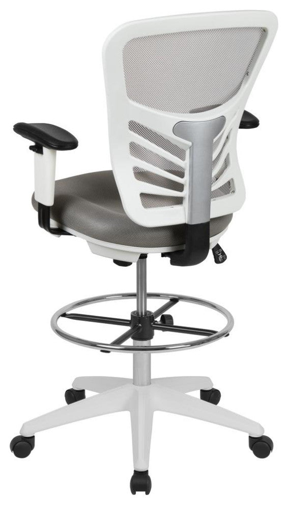 Mesh Drafting Chair With Adjustable Foot Ring and Arms, Light Gray Mesh/White Fr