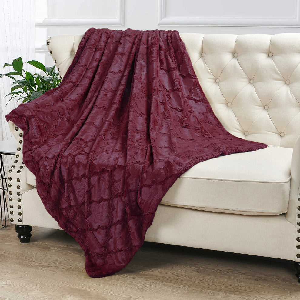 Ashley Brushed Faux Fur & Matching Sherpa Borrego Backing Throw, Burgundy, 50" X 60"