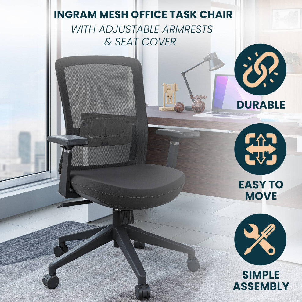 LeisureMod Ingram Modern Mesh Office Task Chair With Adjustable Armrests, Grey/Grey