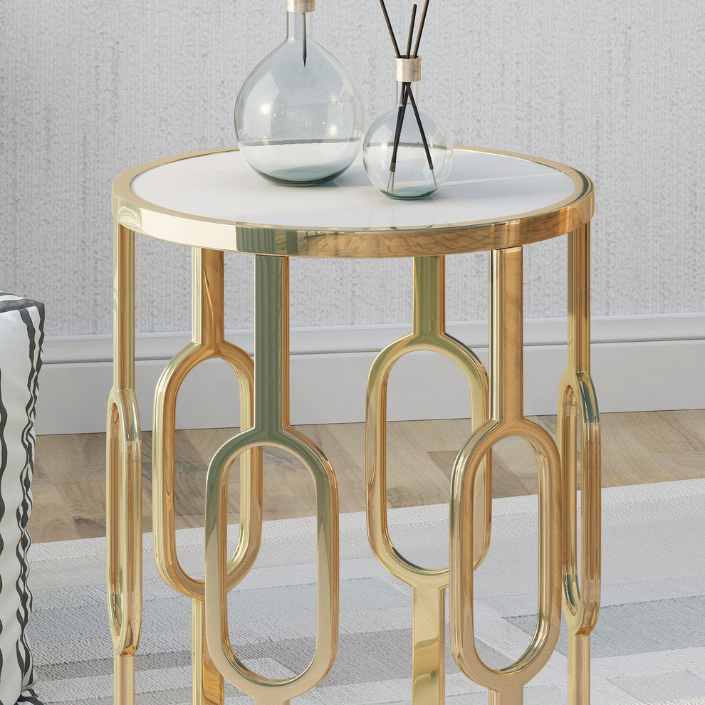 GDF Studio Madison Indoor Glam 16" White Finish Faux Stone Side Table