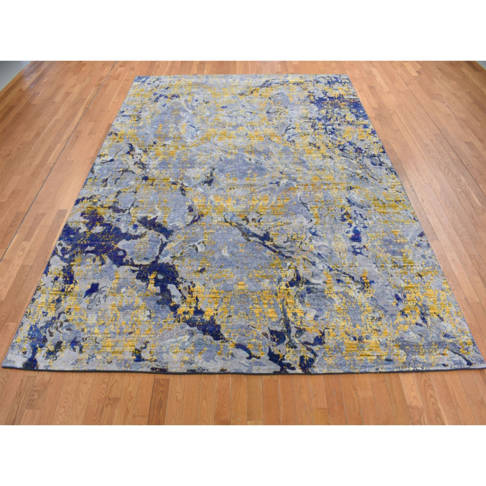Laguna Yellow, Modern Design, Silk With Wool, Hand Knotted Rug, 8'10"x12'5"