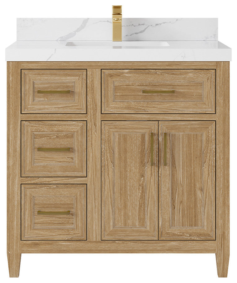 Santa Monica 36 Center Sink Bath Vanity in Whitewashed Teak 2" Calacatta Laza