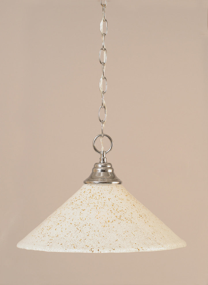 Chain Hung Pendant In Chrome, 16" Gold Ice Glass