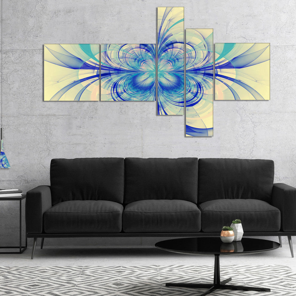Blue Fractal Flower Pattern, Floral Art Canvas Print, 60"x32", 5 panels