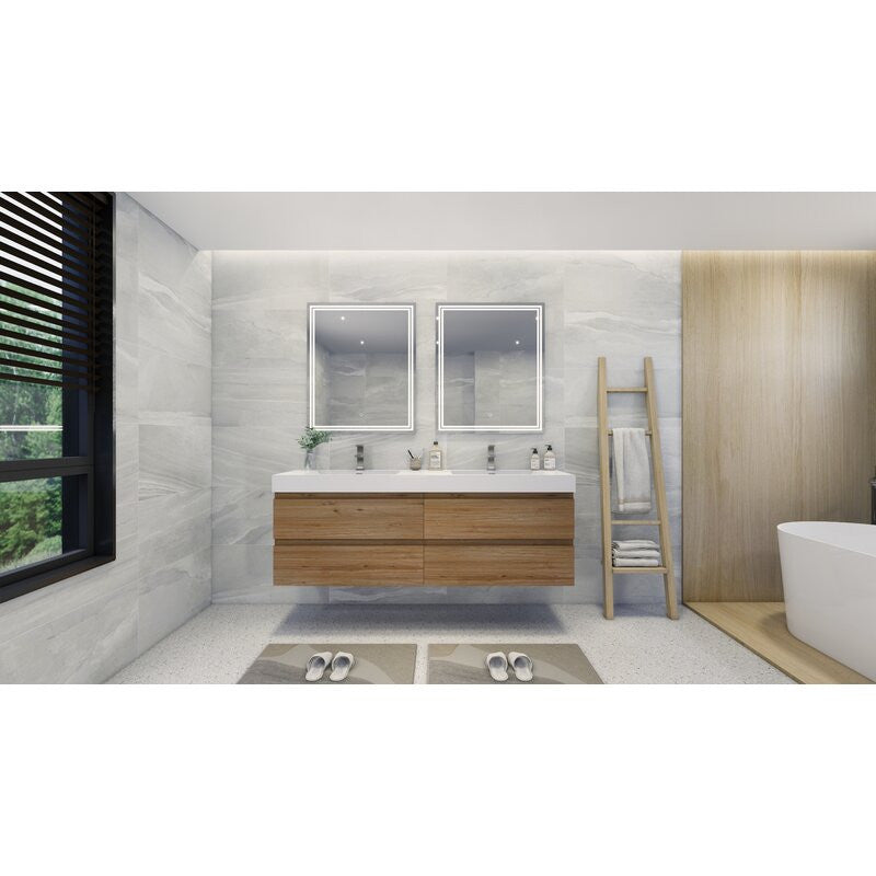 84" Double Sink Wall Mount Vanity, Acrylic Sink, Natural Oak