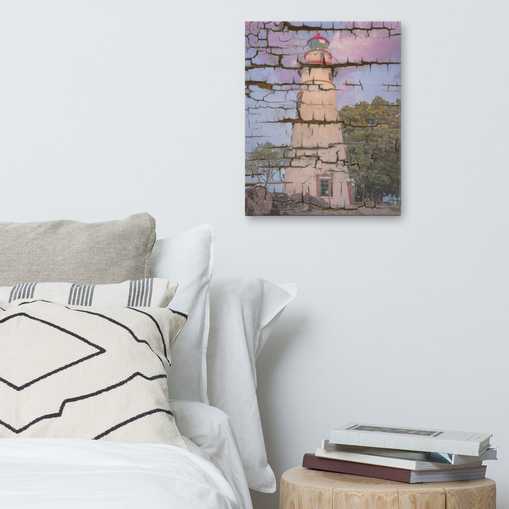 Faux Wood Texture Marblehead Lighthouse at Sunset Canvas Prints, 16" X 20"