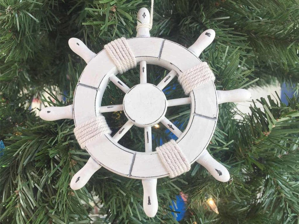 Rustic White Decorative Ship Wheel Christmas Tree Ornament 6'', Christmas Tree